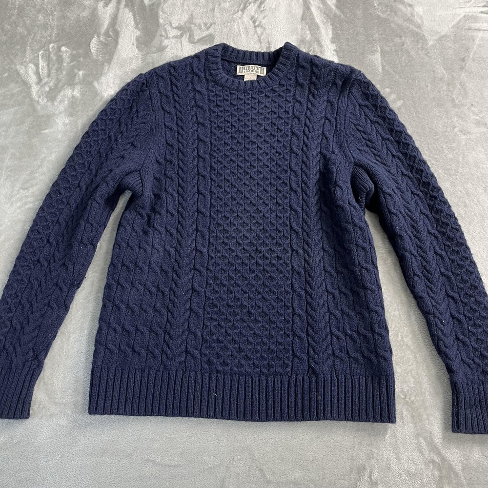 Duluth Trading Co Sweater Mens Large Blue Shetland Wool Cable Knit Crew Neck